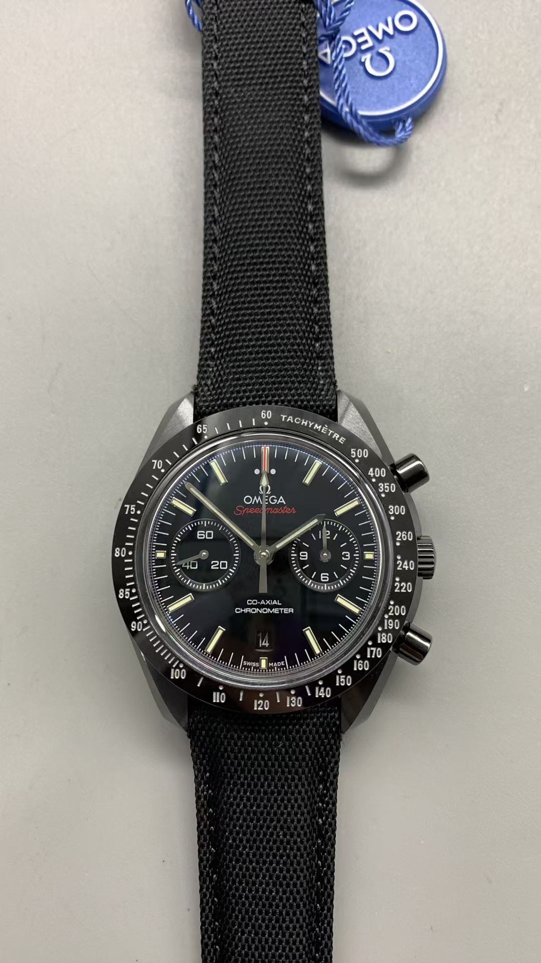 (image for) N1F Omega Speedmaster Moon Watch Dark Side of the Moon Ceramic Case Clone 9300 Movement Nylon Band