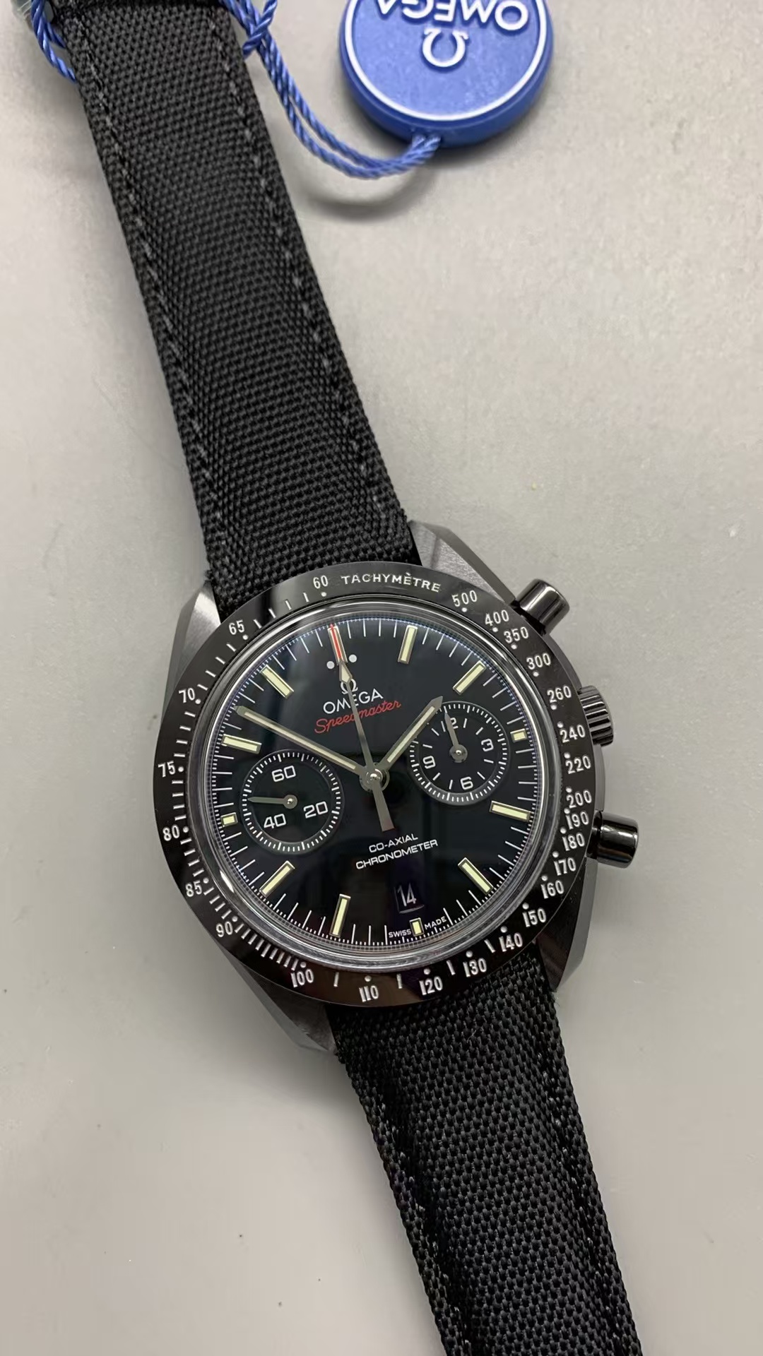 (image for) N1F Omega Speedmaster Moon Watch Dark Side of the Moon Ceramic Case Clone 9300 Movement Nylon Band