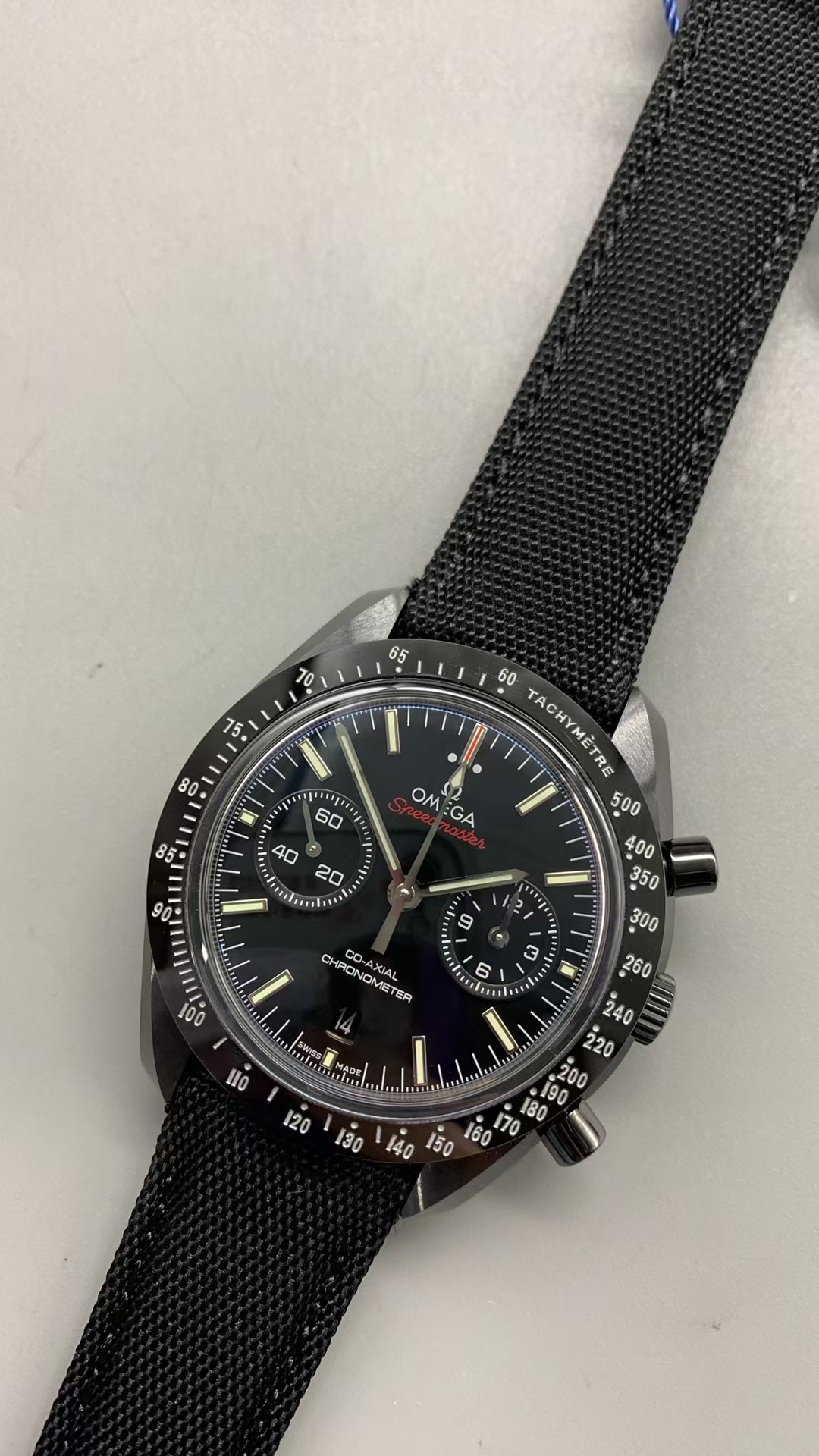 (image for) N1F Omega Speedmaster Moon Watch Dark Side of the Moon Ceramic Case Clone 9300 Movement Nylon Band