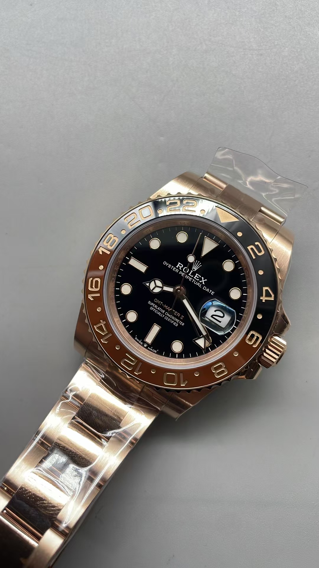 (image for) Gold Factory Rolex GMT-Master II 126715 Gain Weight Rose Gold Case Black Dial with Super Clone 3285 Movement