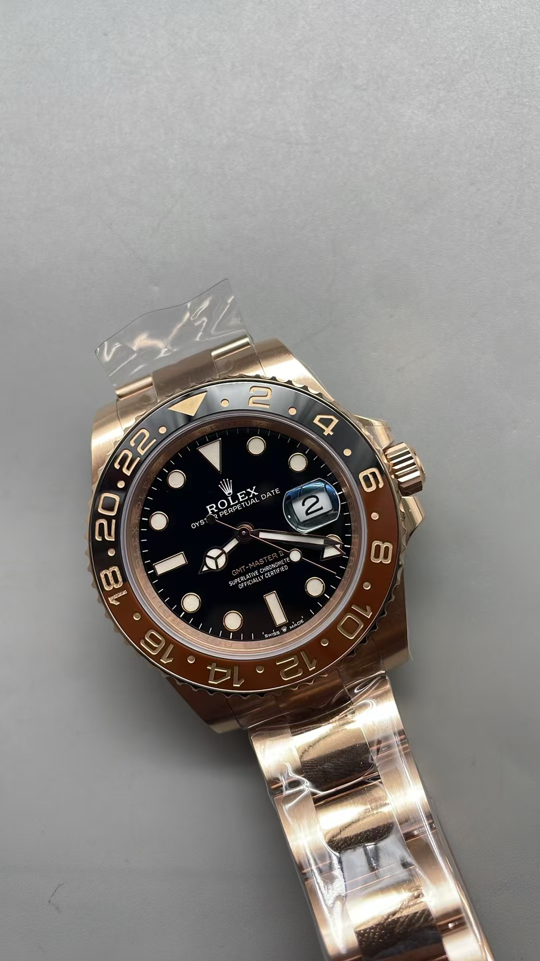 (image for) Gold Factory Rolex GMT-Master II 126715 Gain Weight Rose Gold Case Black Dial with Super Clone 3285 Movement