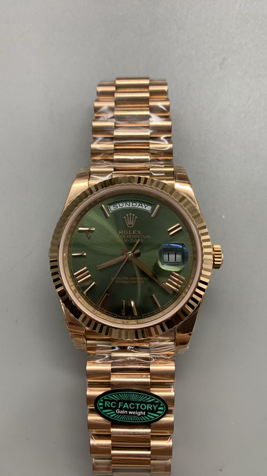 (image for) RCF Rolex Day-Date 228235 Gain Weight Rose Gold Case Green Dial with Super Clone 3255 Movement