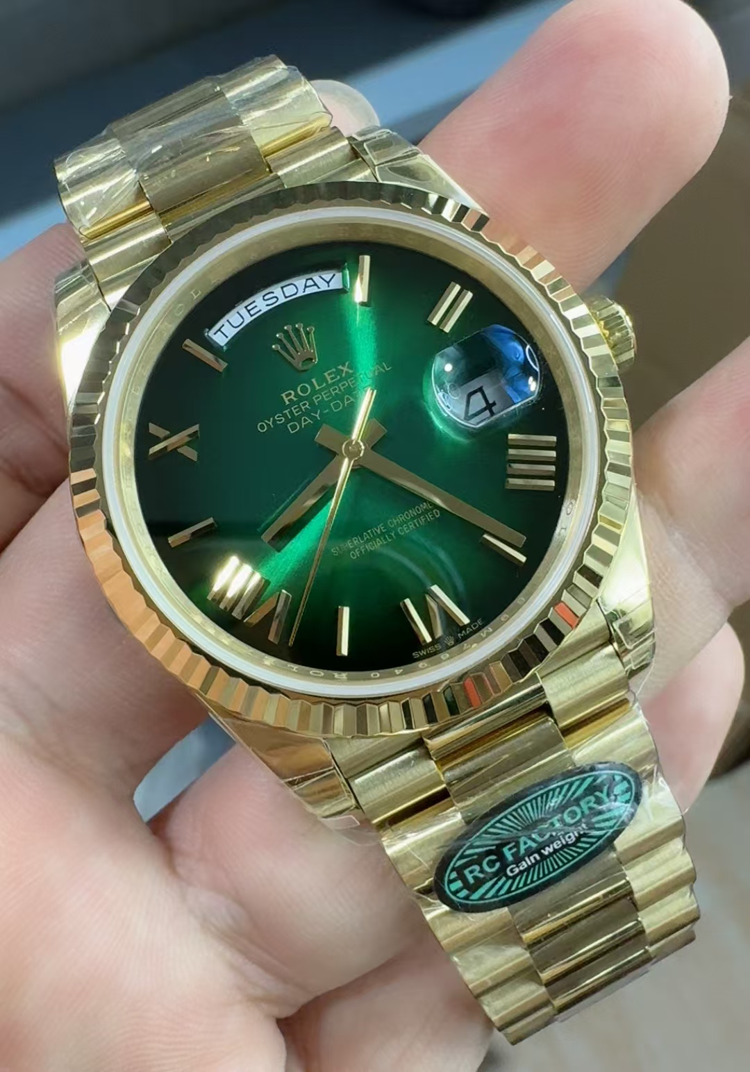 (image for) RCF Rolex Day-Date Gain Weight Yellow Gold Case Ombre Green Dial Super Clone 3255 Movement