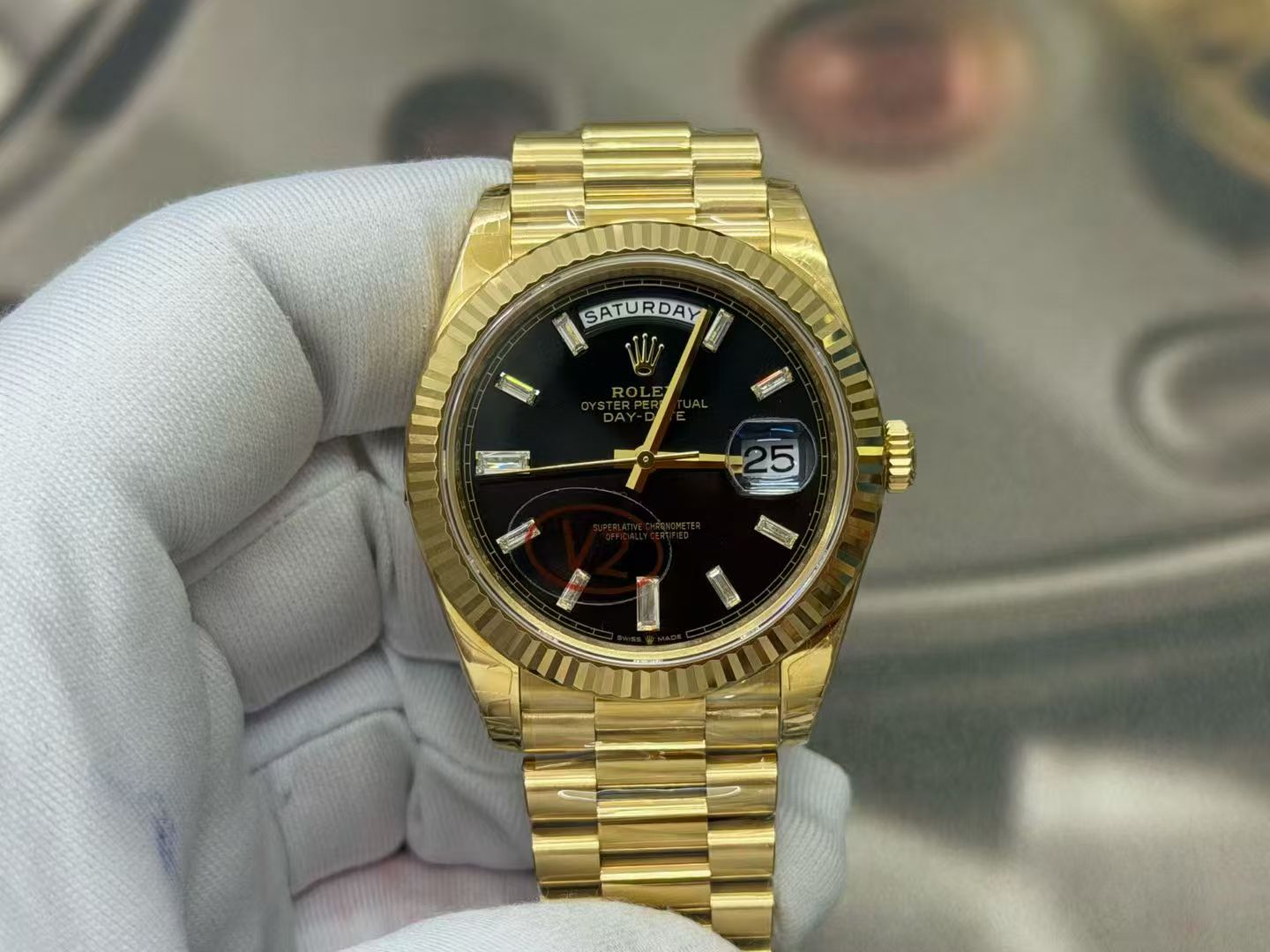 (image for) VSF Rolex Day-Date Yellow Gold Case Black Dial Baguette-cut Diamond Markers Super Clone 3255 Movement