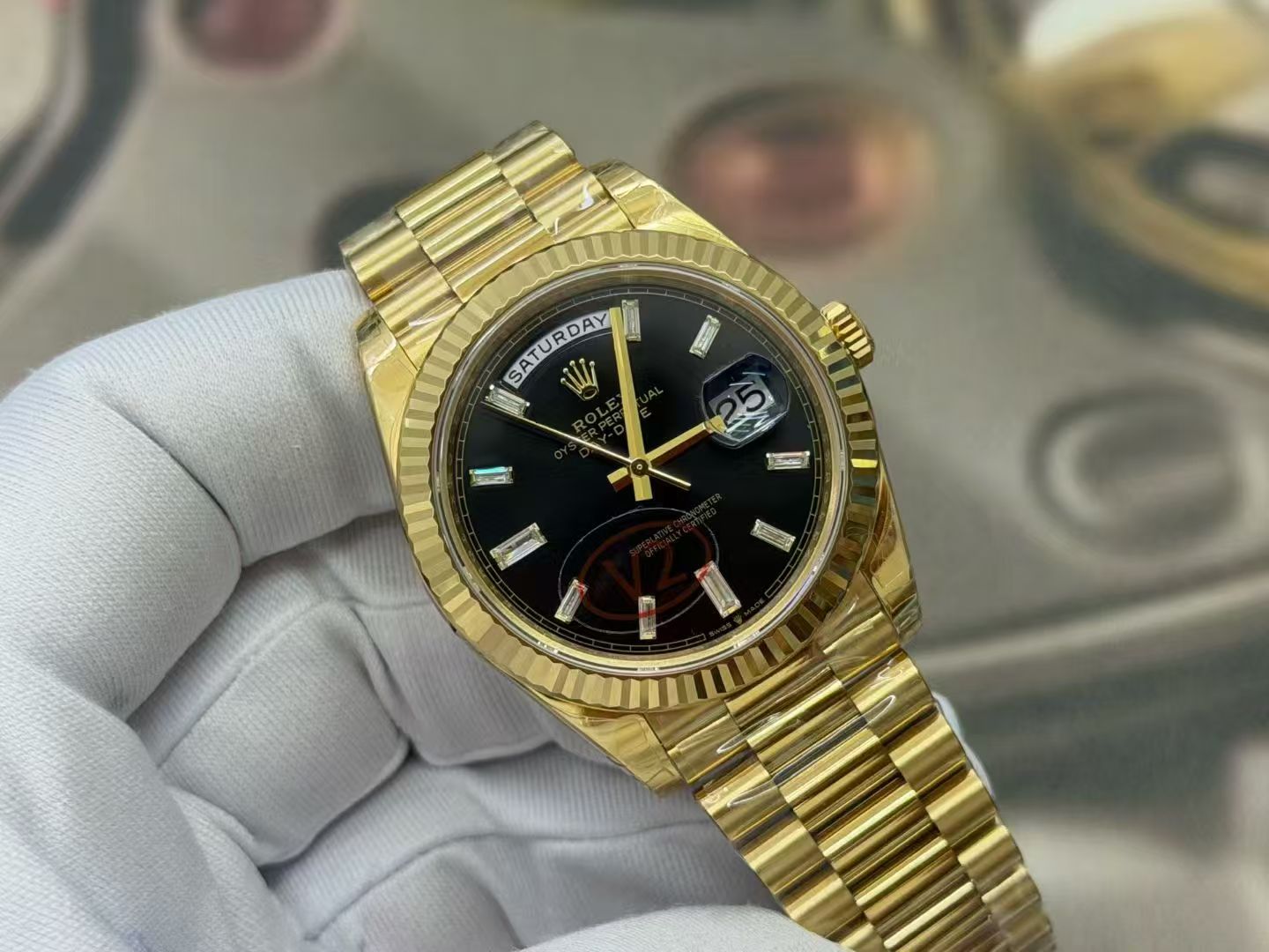 (image for) VSF Rolex Day-Date Yellow Gold Case Black Dial Baguette-cut Diamond Markers Super Clone 3255 Movement