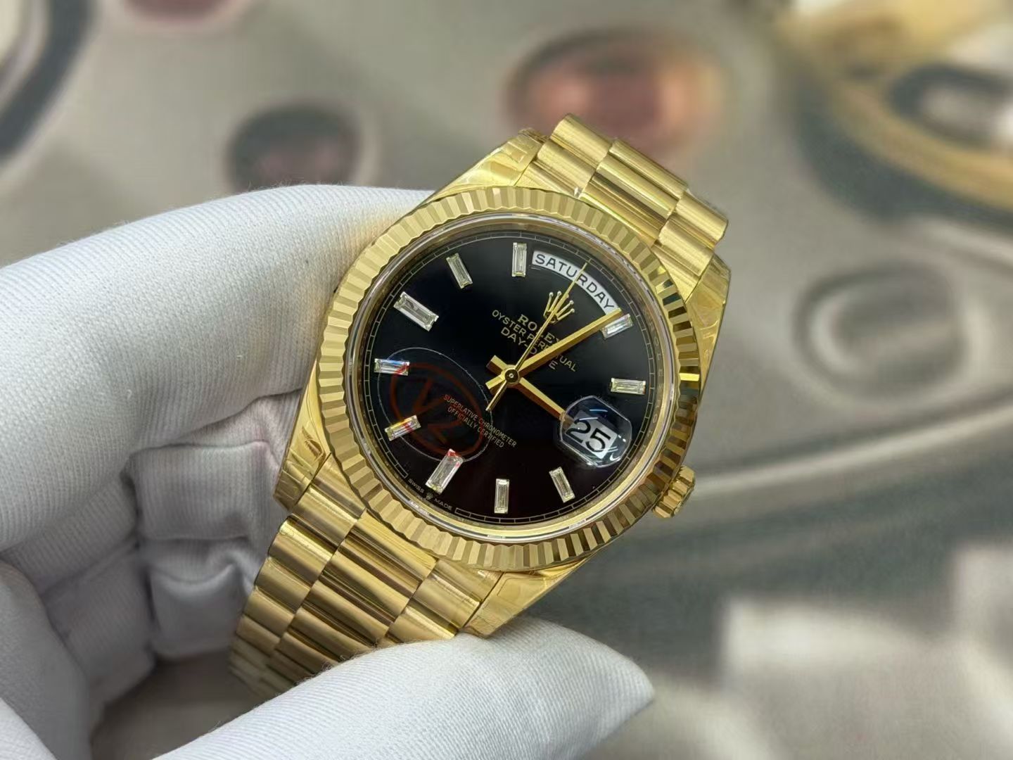 (image for) VSF Rolex Day-Date Yellow Gold Case Black Dial Baguette-cut Diamond Markers Super Clone 3255 Movement