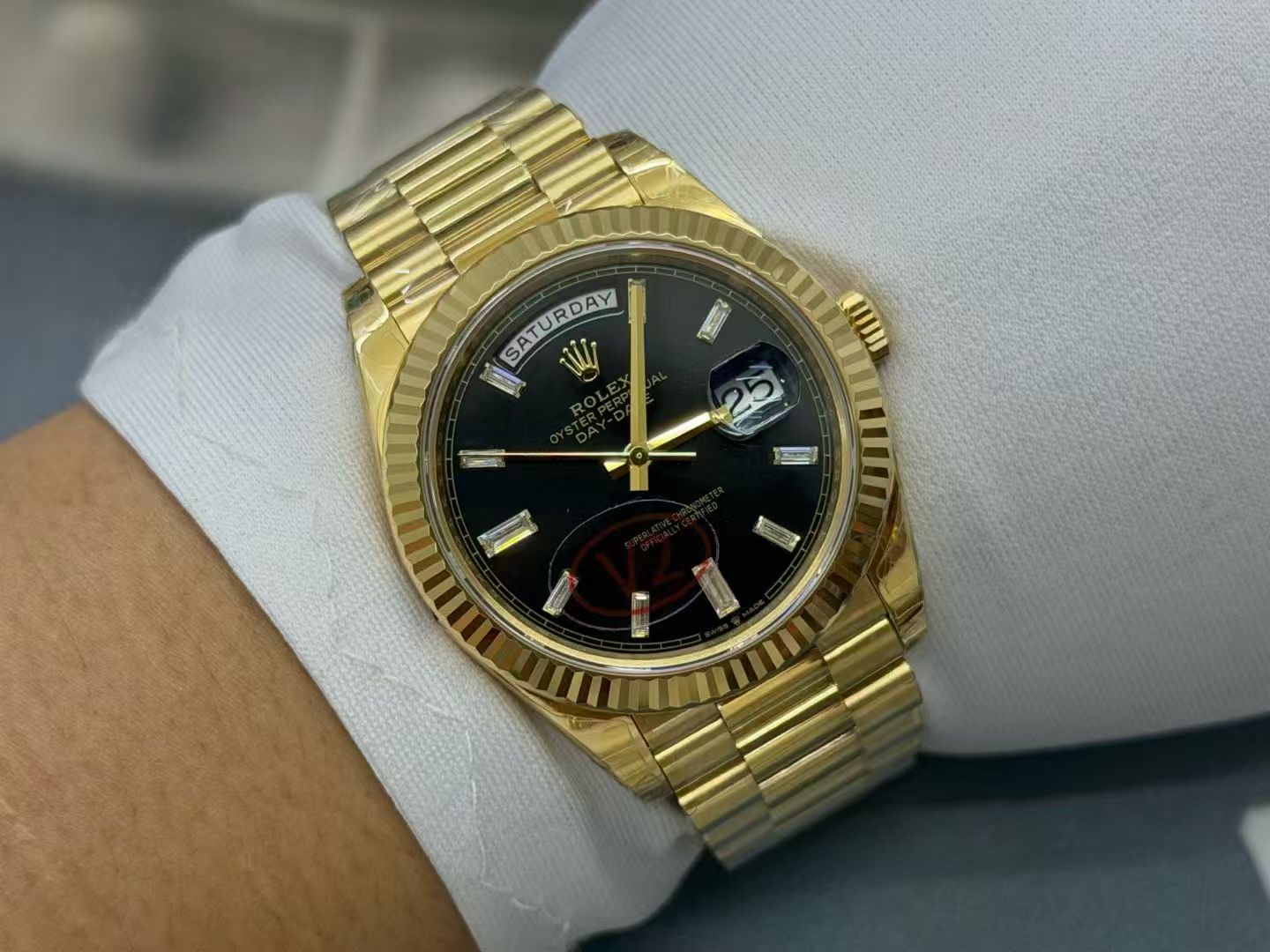 (image for) VSF Rolex Day-Date Yellow Gold Case Black Dial Baguette-cut Diamond Markers Super Clone 3255 Movement